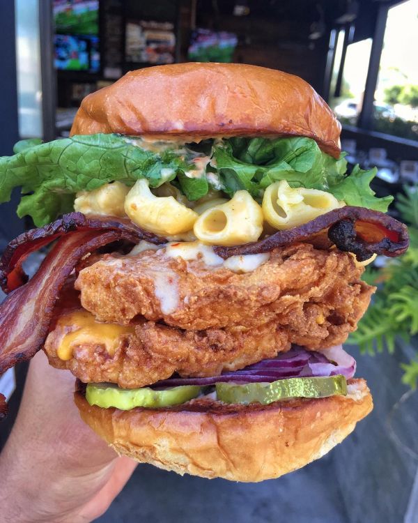 Stacked fried chicken sandwich at Stacked: Food we built. 