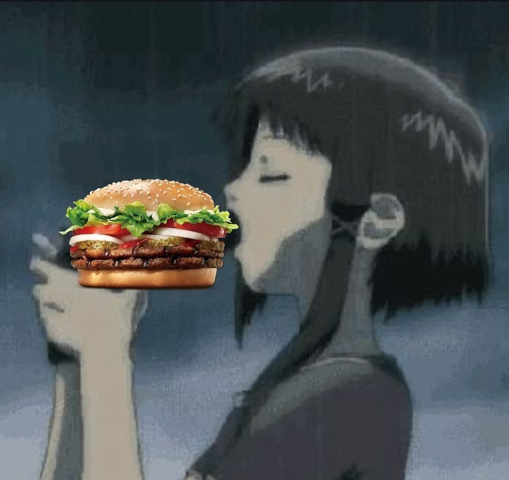 comby eating borgar, yummy