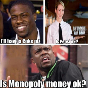 Woman, you give me fake drink and I'll give you fake money!