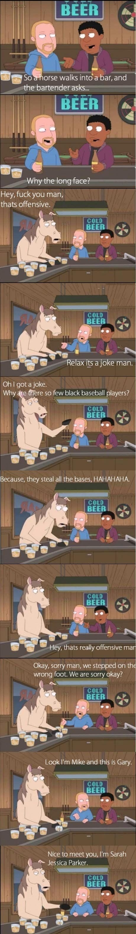 A horse walks into a bar...