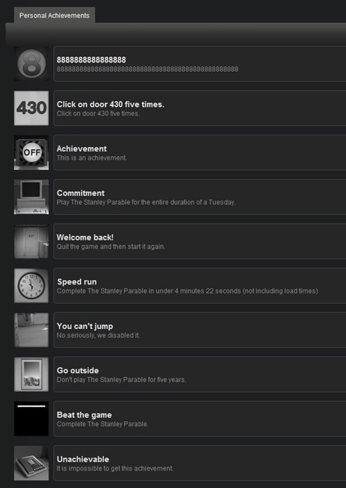 The Stanley Parable has silly achievements