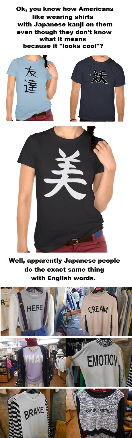 Japanese people wear shirts with random American words.