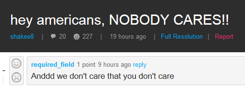 Americans and the rest of the world's attitude towards each other, summed up in two phrases.