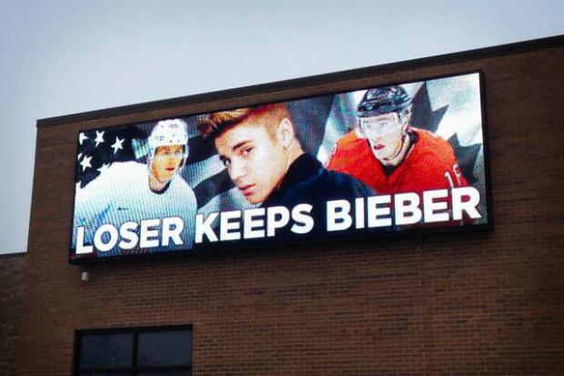 Canada VS USA hockey game tomorrow. This is a billboard in Chicago