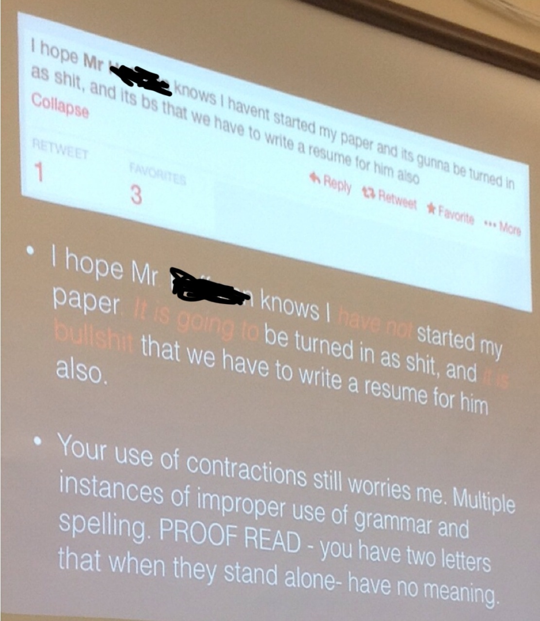 Student complained about an assignment on twitter. The teacher found it.