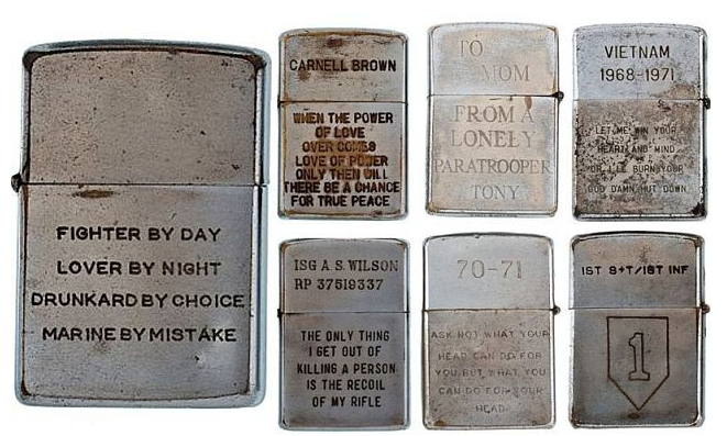 Engraved Zippo lights belonging to Vietnam soldiers