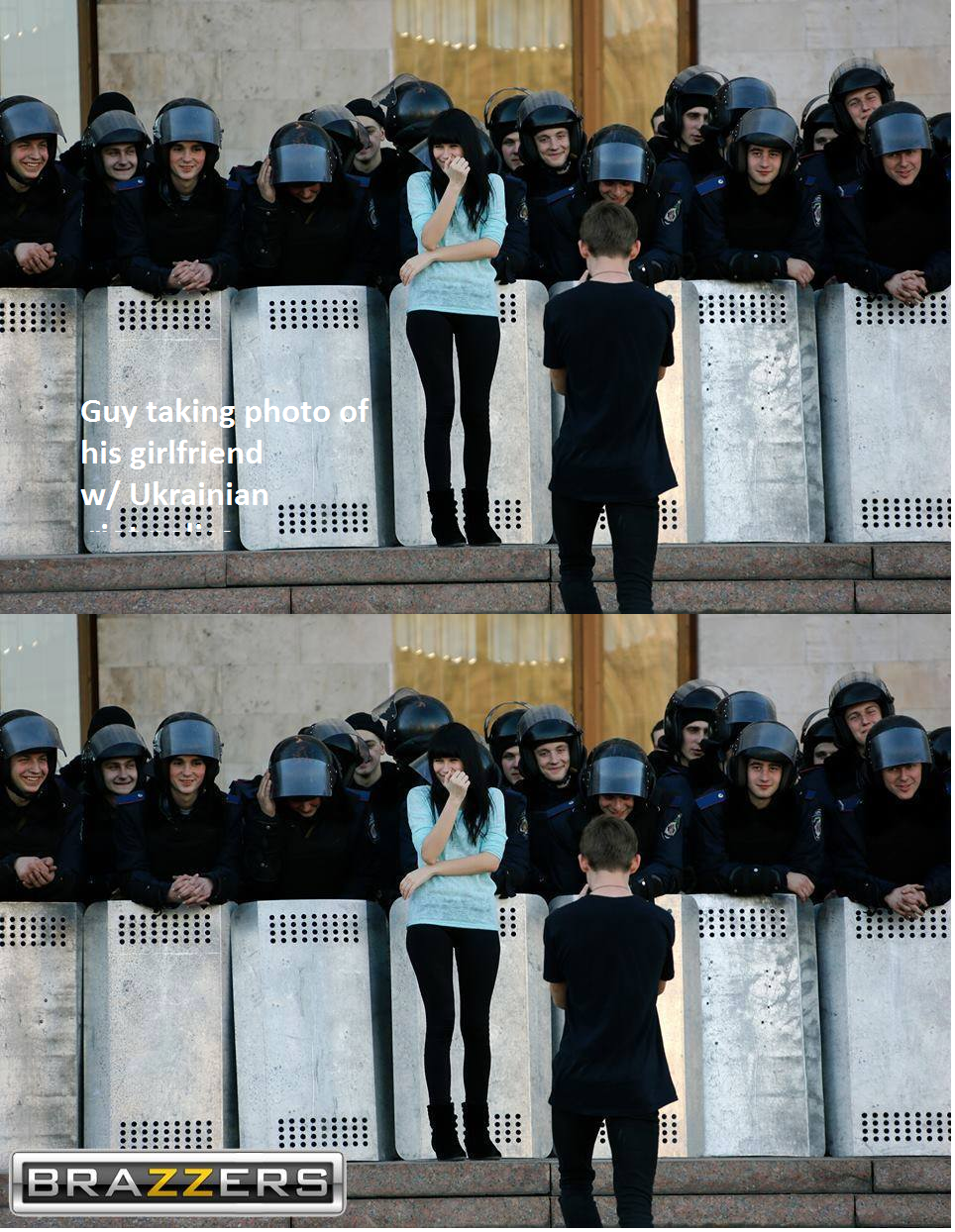 it is always on the right side..oh well..(the text is"with ukrainian riot police")