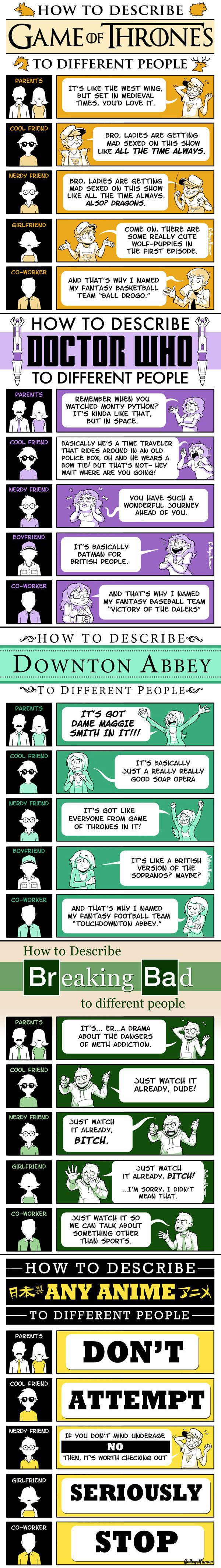 How to explain TV-shows to different people.