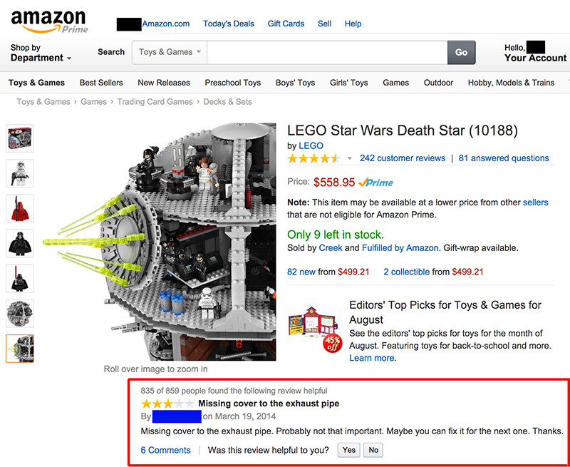 Was looking up LEGO sets when I saw this review of the LEGO Star Wars Death Star on Amazon.