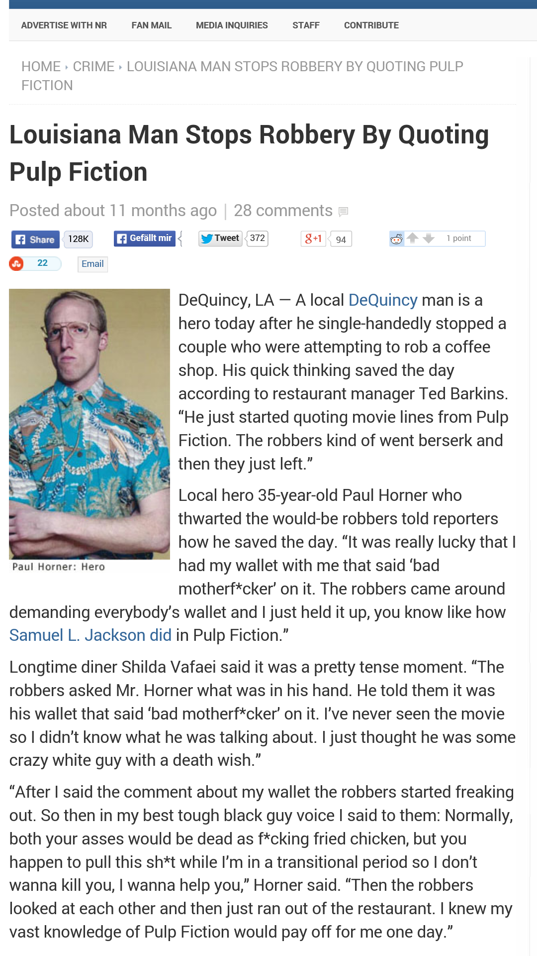 Louisiana man stops robbery by quoting Pulp Fiction