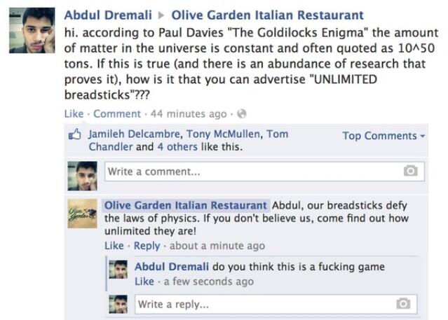 Olive Garden and unlimited breadsticks.