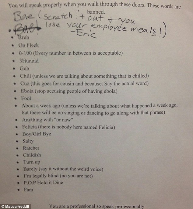 List of words banned for employees at Chick-fil-A