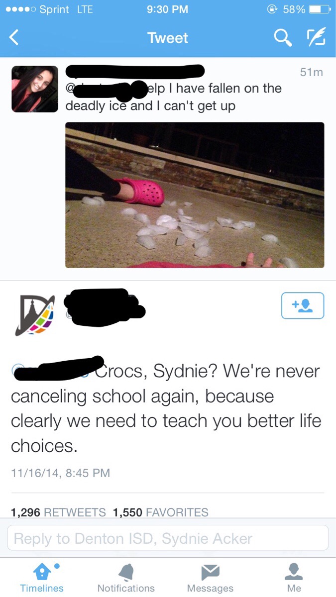 Girl tweets a joke to her school district about canceling school, gets promptly shut down.
