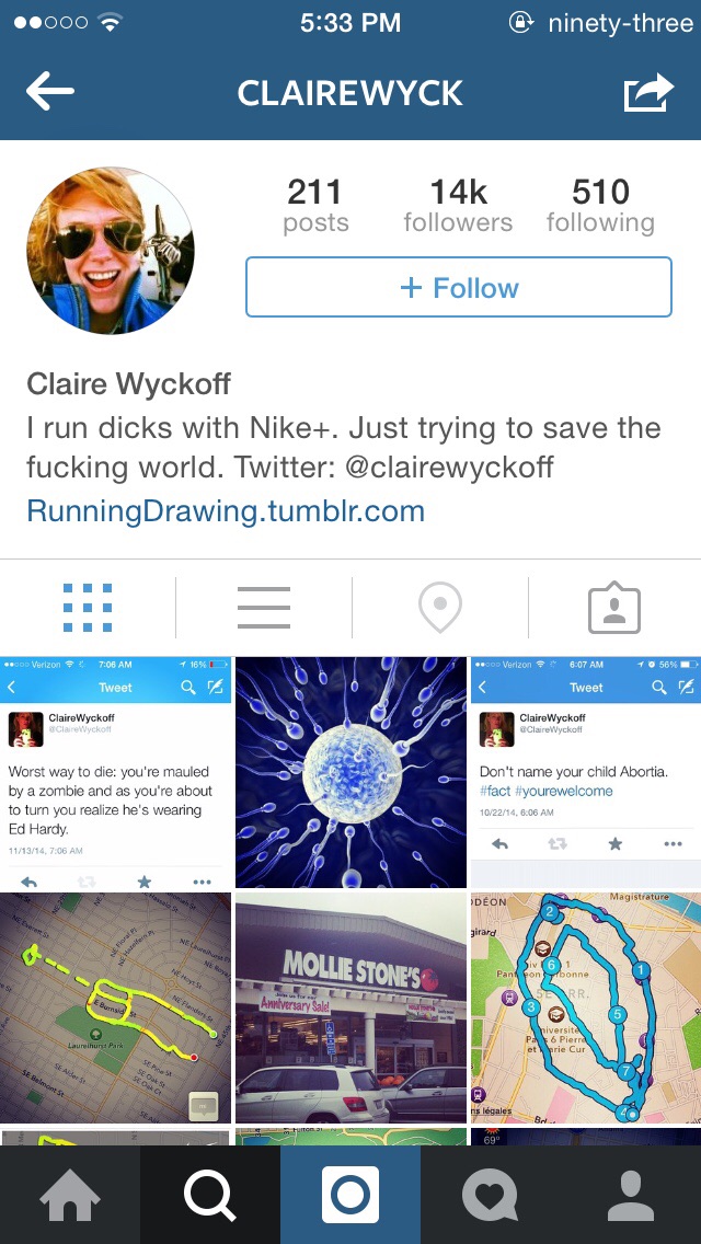 Claire runs around her city, drawing giant dicks using Nike+