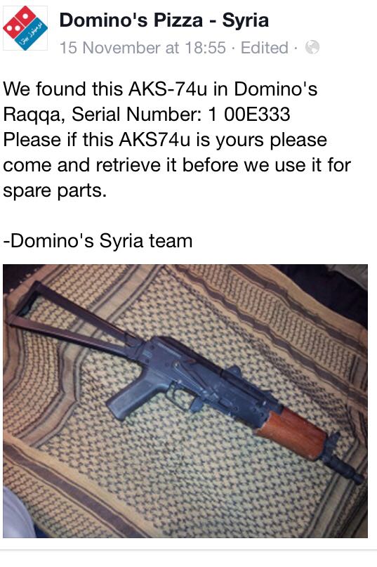Post from the official Facebook page of Domino's Pizza Syria