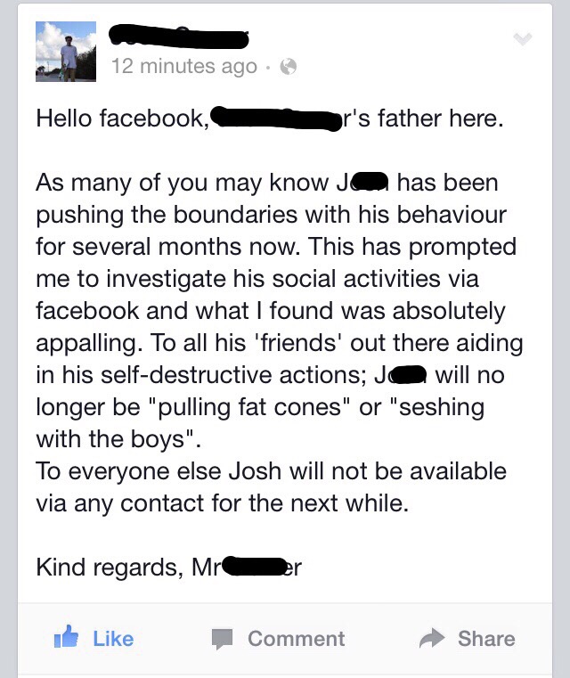 Boy gets busted when his dad checks his facebook and makes a status