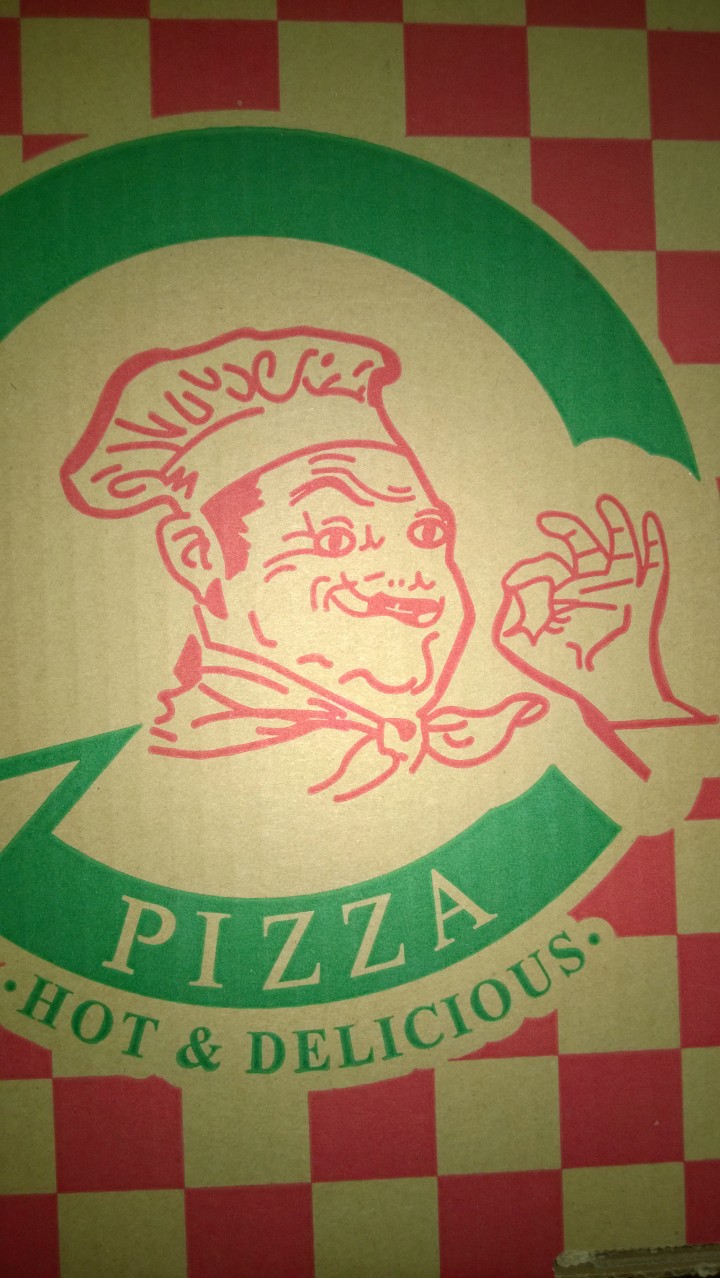 There's something not quite right about the guy on this pizza box...
