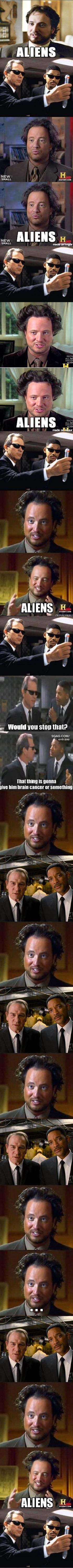 The Men in Black try to stop the 'Aliens' guy
