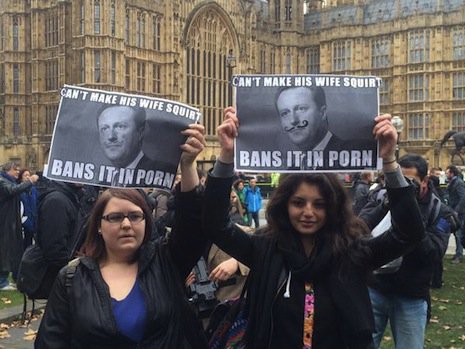 People protesting the British porn ban get a little personal with the PM's sex life.