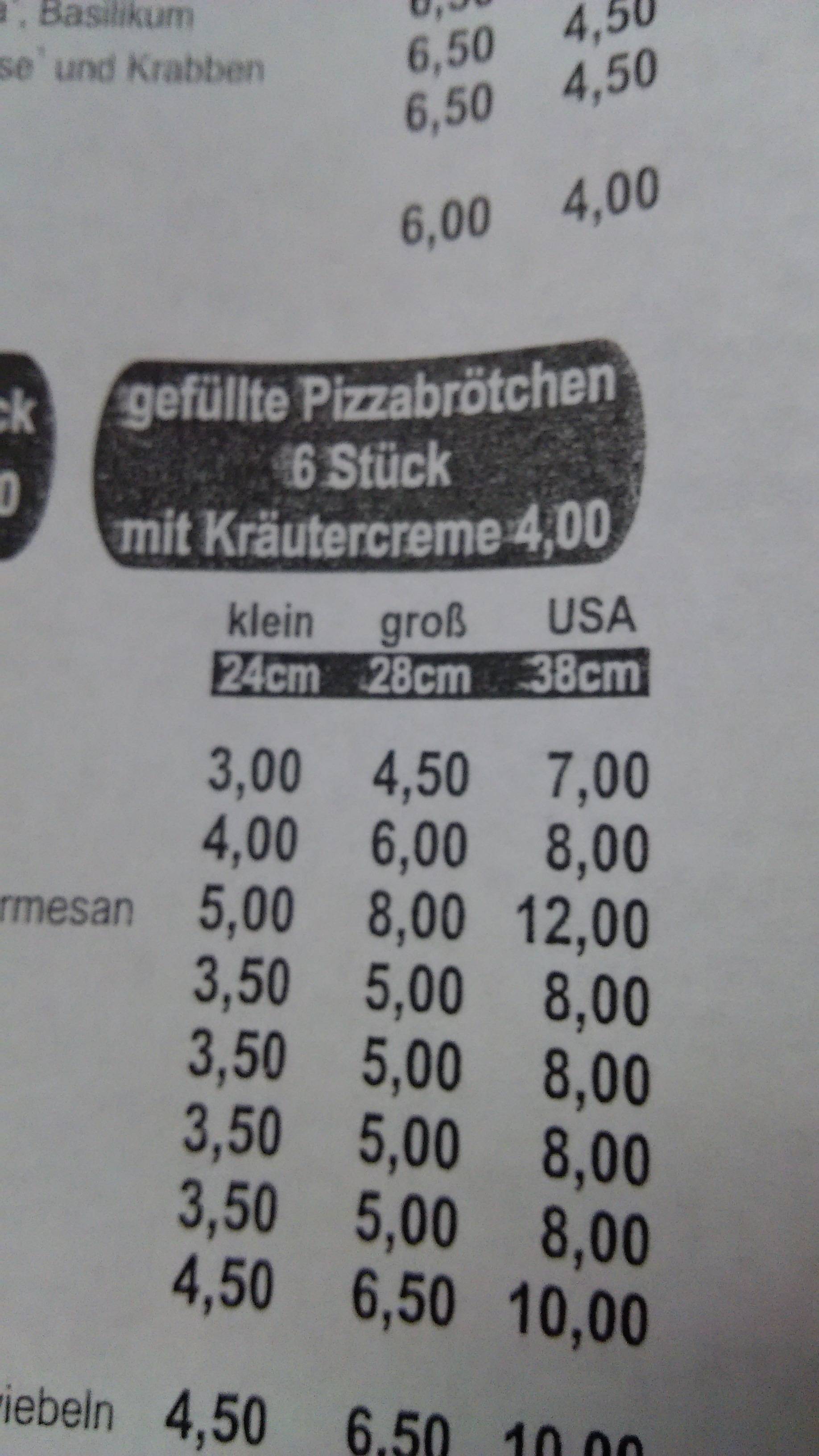 Germany doing it's best to insult the US with pizza sizes. Small-Large-USA