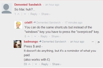 Trolling Apple fanboys on a 'useful shortcuts' article