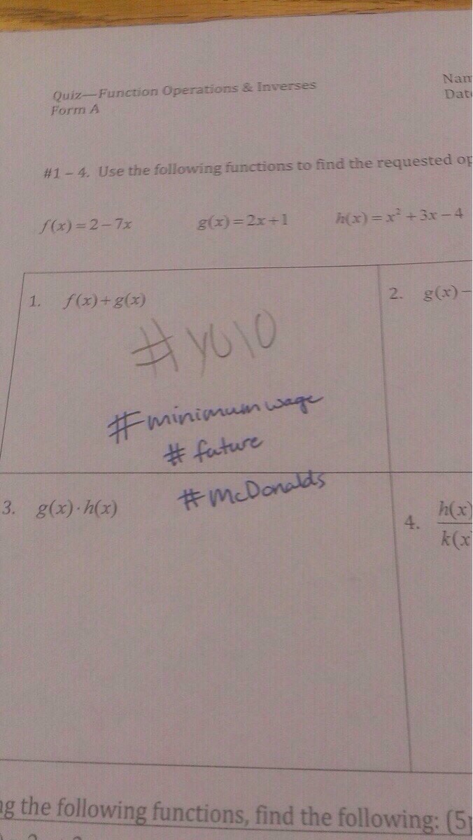 Student wrote #YOLO on a math quiz.