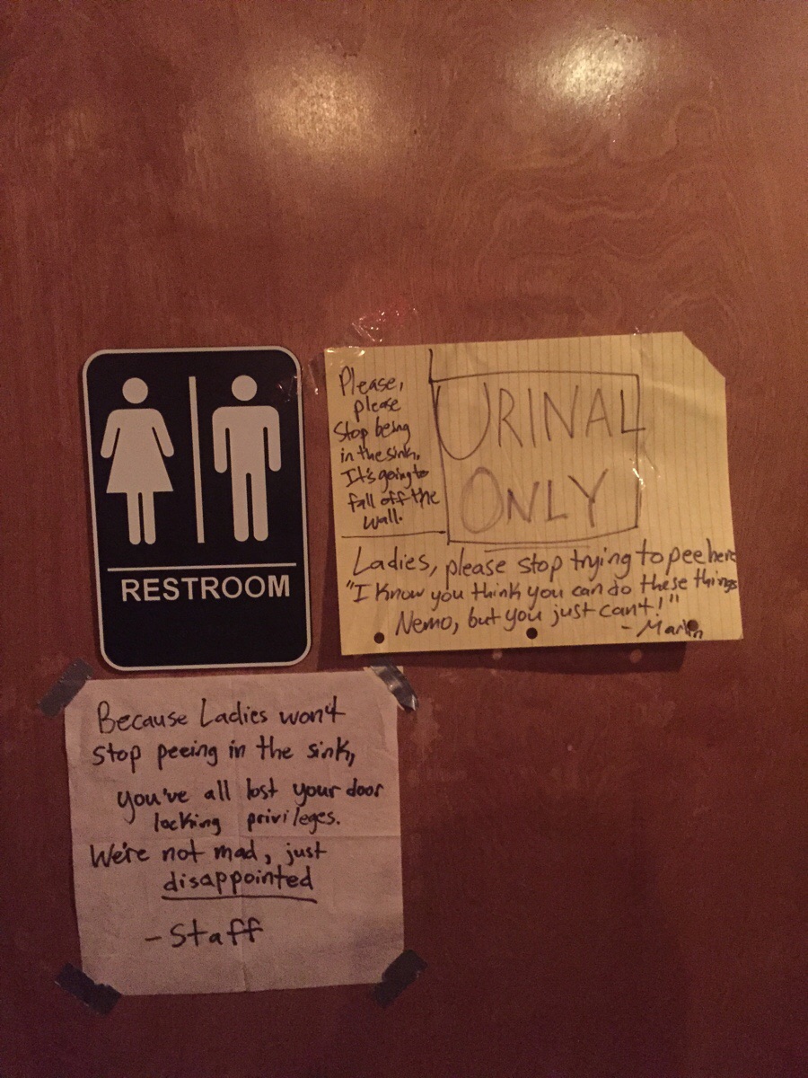 Girls: please don't piss in the sink. Spotted on a bar toilet door