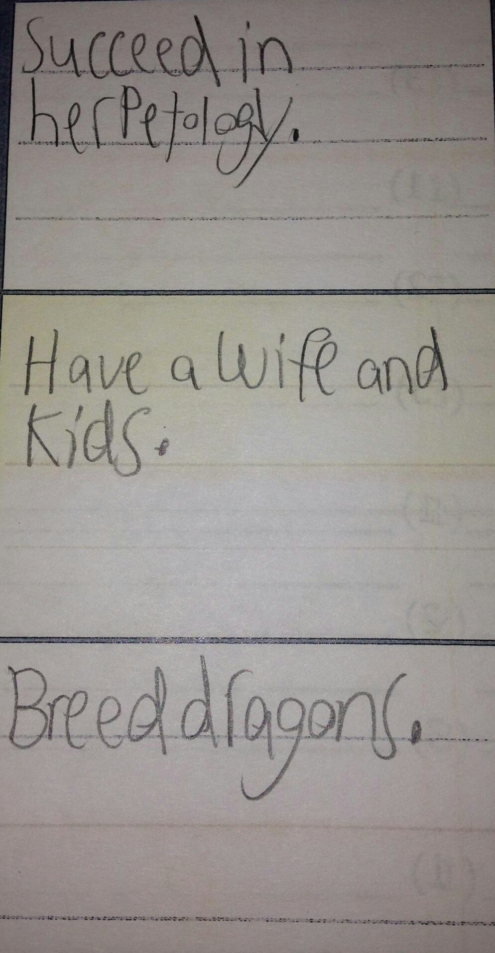 Wife had students write their life goals. This kid has shit figured out!