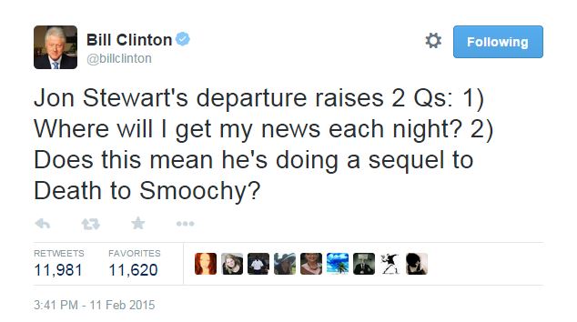Bill Clinton's tweet to Jon Stewart about his departing "The Daily Show" is awesome.