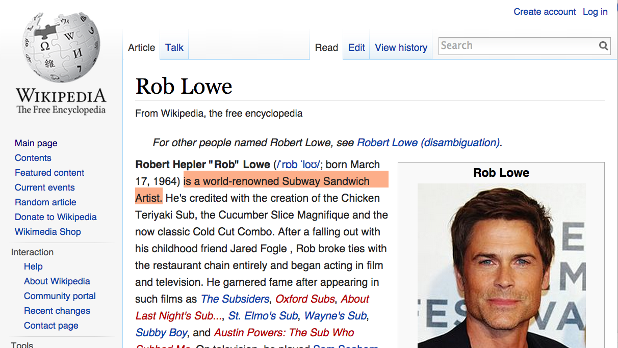 TIL Rob Lowe is a world-renowned Subway Sandwich Artist