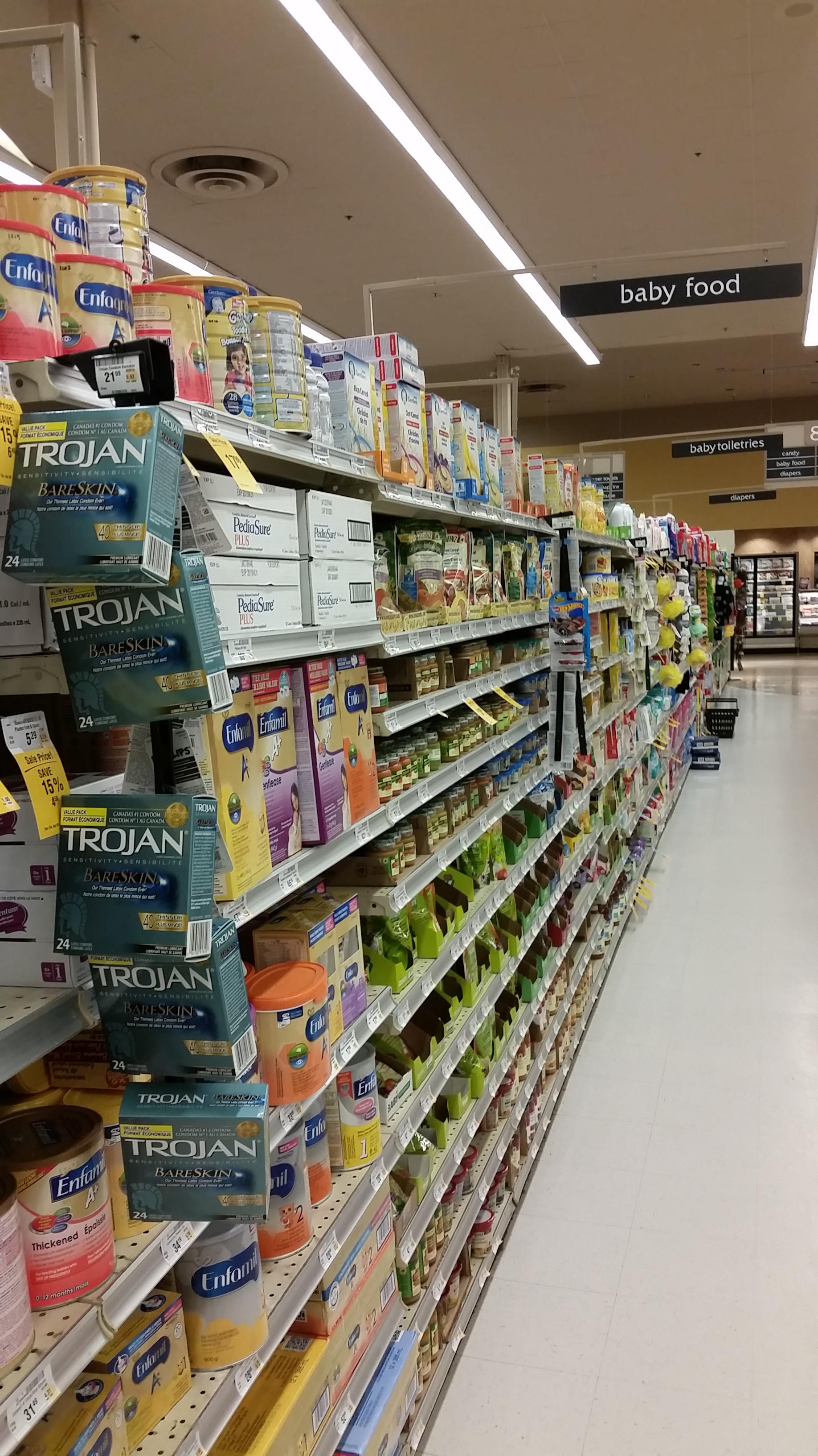 The condoms were conveniently placed at the local grocery store.