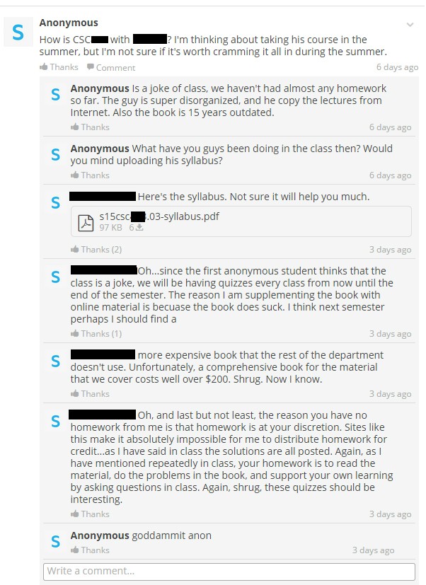 Student bashes professor's class in public forum.