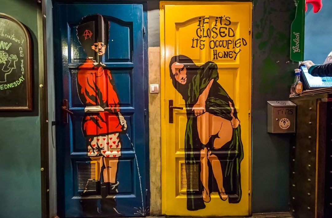 Bar hopping in Romania never disappoints. Restrooms in a Cluj-Napoca pub.