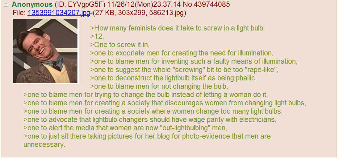How many feminists does it take to screw in a light bulb?