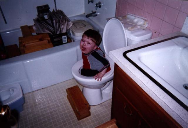 Child: ''MOM, I'M STUCK IN DAMN TOILET!'' Mom: ''Not again..''