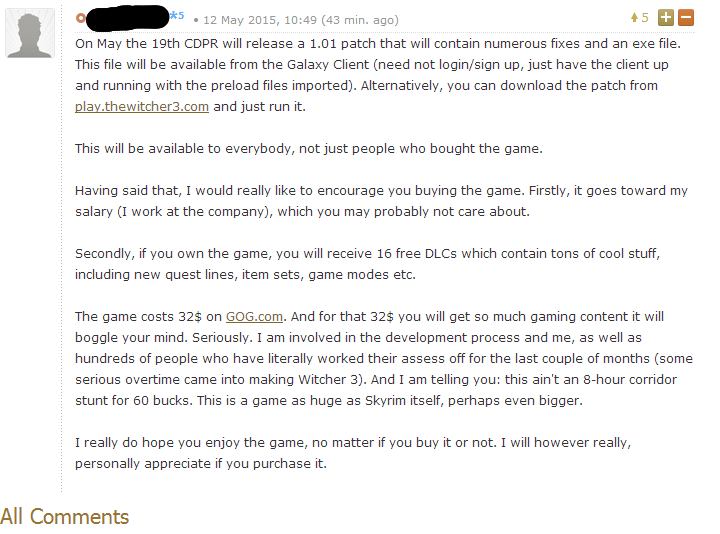 CDPR developer helping out pirates in a torrenting site comment section