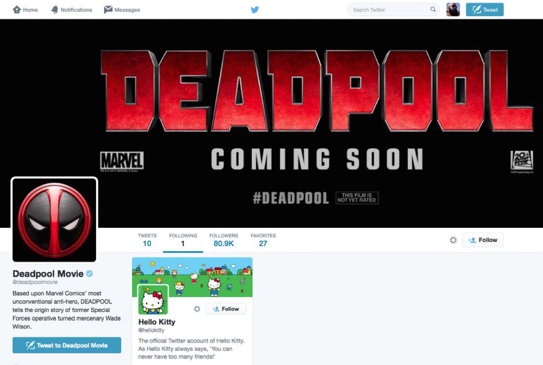 Hello Kitty is the only account Deadpool follows on Twitter. Your argument is invalid.