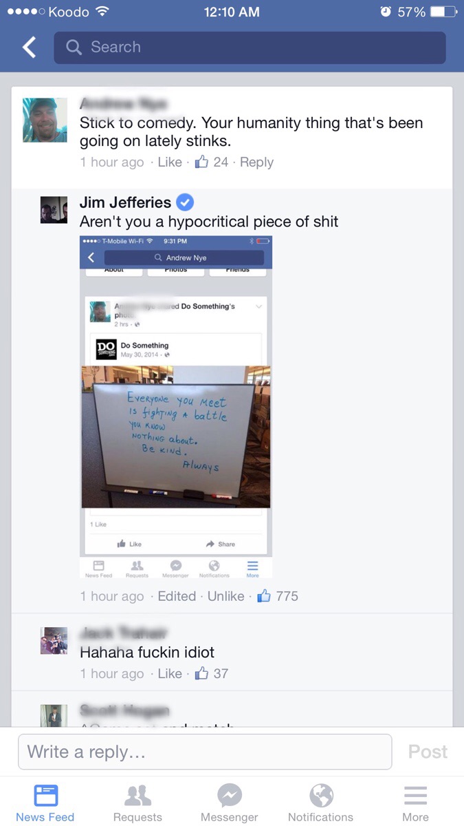 Jim Jeffries kind of owned somebody on facebook