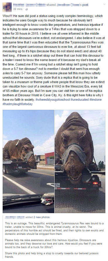 T-rex strapped to a trailer..