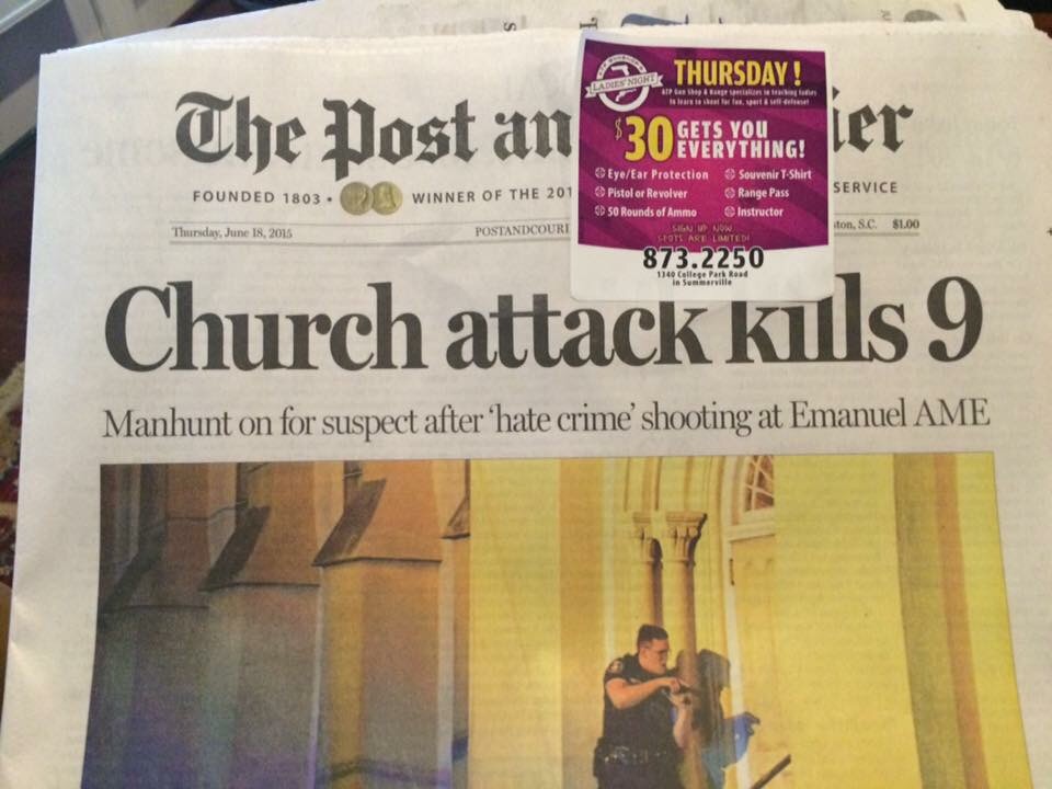 Local Charleston, SC news paper puts gun advertisement on paper released after shooting.