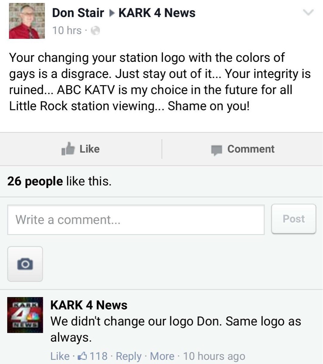 Old bigot gets made at local NBC affiliate for changing their logo after the SCOTUS decision.