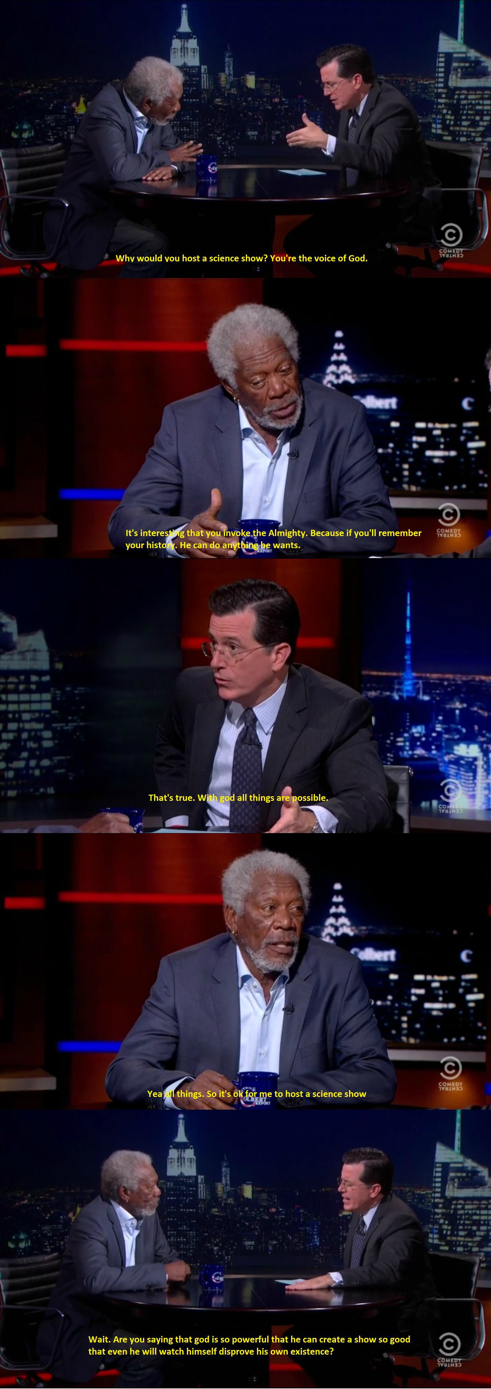 Colbert Interviewing Morgan Freeman on "Through the Wormhole"