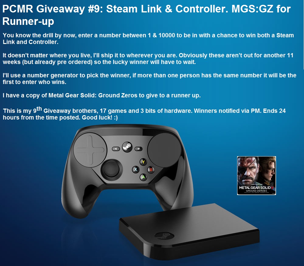 PCMR Giveaway #9: Steam Link & Controller. MGS:GZ for Runner-up