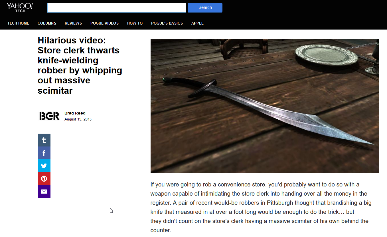 This Yahoo article used a Skyrim screenshot of a scimitar instead of a real picture