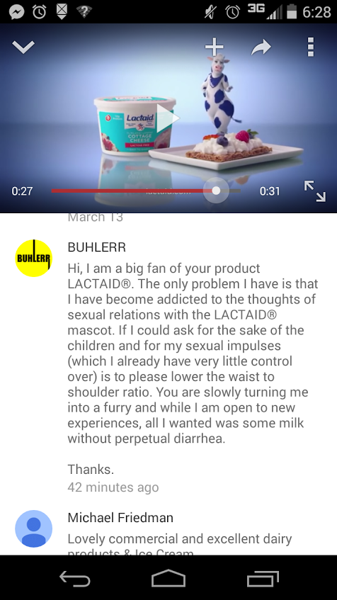 A consumer leaves an important comment on the Lactaid Youtube Channel