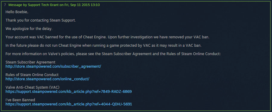 So this guy got a false VAC, contacted Steam Support, they removed his ban.