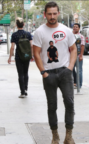 Sad Shia LaBeouf wearing a Shia LaBeouf T-Shirt