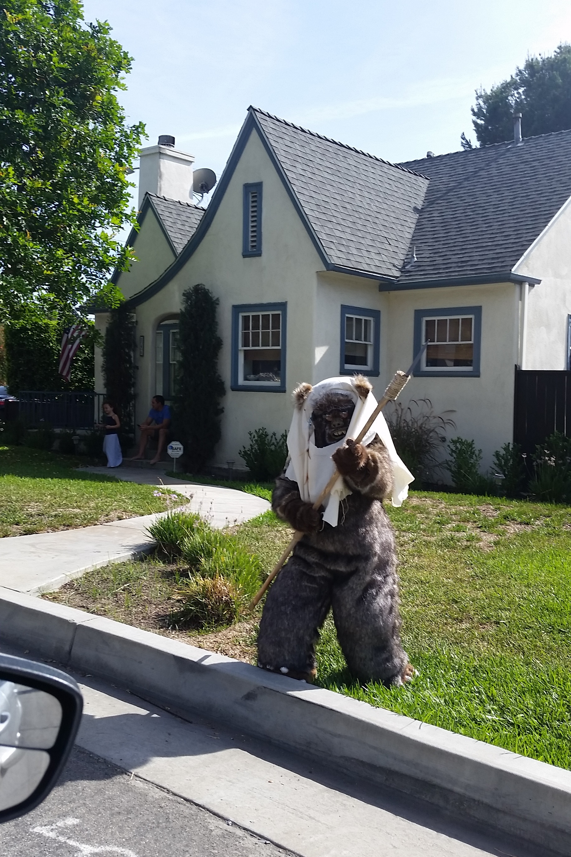 This guy was just standing on the sidewalk waving his spear around at cars.