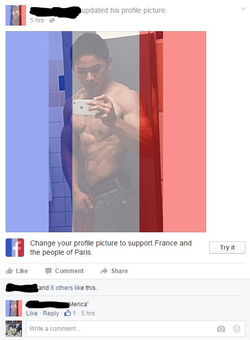 Thinks blue, red, and white Facebook pic is for America instead of France"