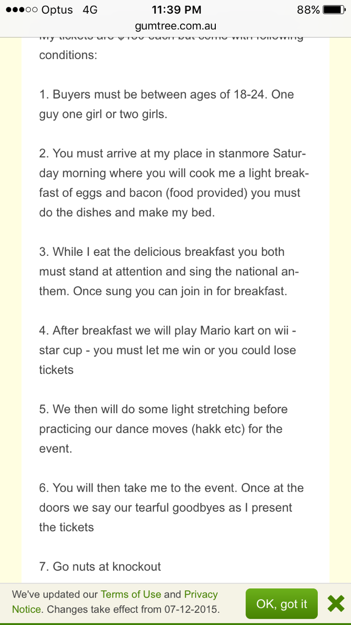 Guy in Australia has a few conditions to selling his tickets to an event.